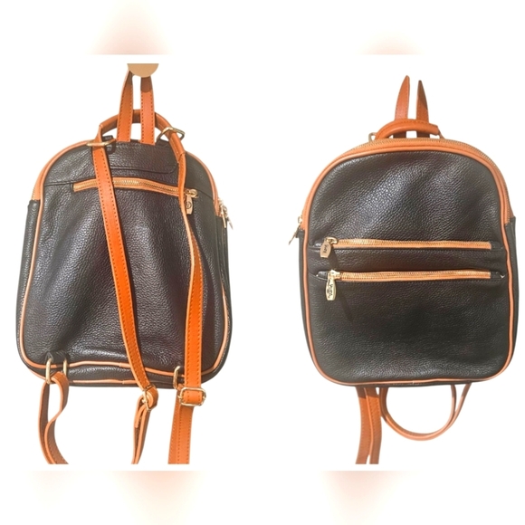 VALENTINA Leather Sling Triple Compartment Bookbag In Black With Tan Trim. - Picture 1 of 16